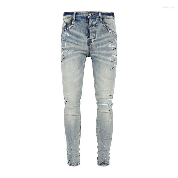 Jeans pour hommes 2023 arrivée conception haute rue bleu déchiré à la mode peinture point Denim pantalon pantalon décontracté homme imprimé