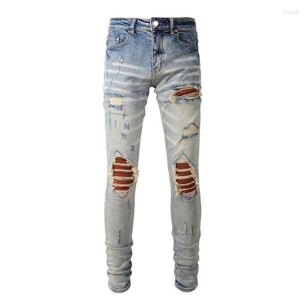 Jeans pour hommes 2023 arrivée hommes en détresse bleu Streetwear Skinny Stretch trous détruits avec cravate teinture Bandana côtes patchs déchirés