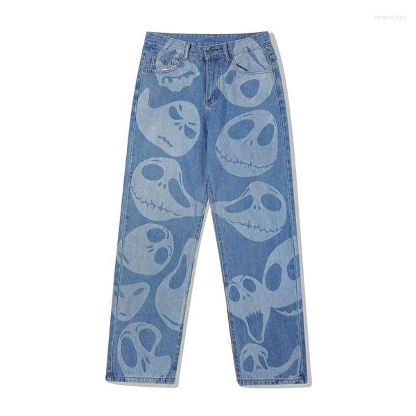 Hommes Jeans 2023 Arrivée Crâne Pleine Impression Punk Hommes Droite Baggy Pantalon Hip Hop Surdimensionné Femmes Large Denim Pantalon Pantaloni Uomo