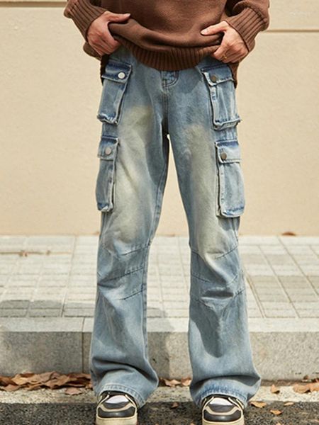 Jeans pour hommes 2023 Automne American Vintage Zipper Multi-Poche Jambe droite Salopette Mode Mi-taille Slacks