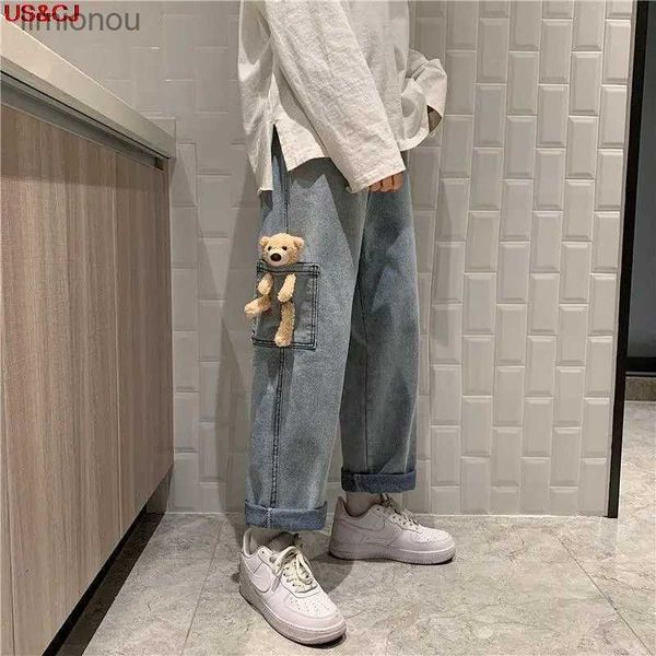 Jeans pour hommes 2023 automne mode haute rue jean hommes décontracté pantalon droit mignon poche ours Harajuku pantalon large jambe Denim PantsL240119