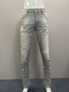 Heren Jeans 2023 Herfst/Winter Mode Wassen En Dragen Gat Patches Verf 3D Snijden Kleine Voeten Zwarte Mannen