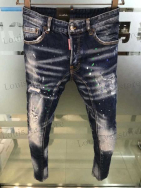 Jeans pour hommes 2023 automne/hiver nouveau jean pour homme D2 jean coupe ajustée avec petits pieds lavé bleu profond coupe unie usé T231016