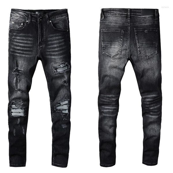 Jeans pour hommes 2023 Noir Gris Trou gratté et faire vieux tissu patché Style américain Slim Skinny High Street Pantalon Tide 816