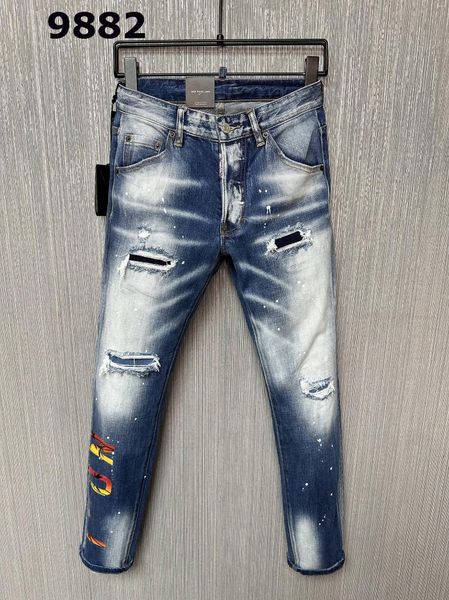 Jeans masculin 2023 Blue Letter Impring Hole Stratted Scratted Fashion Crayer Pantals 9882 #