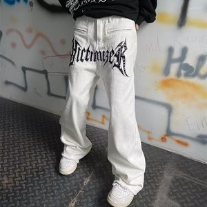 Jeans pour hommes 2023 Cool Design Cuir Broderie Blanc Baggy Hommes Pantalons Y2k Mode Streetwear Droit Lâche Hip Hop Denim Pantalon