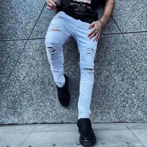 Jeans pour hommes 2023 coton déchiré décontracté mince maigre pantalon blanc mode stretch hip-hop