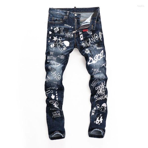 Jeans da uomo 2023 Pantaloni in denim Piedi sottili da uomo Casual Washed Full Strip Graffiti stampati Matita di marca alla moda micro elastica