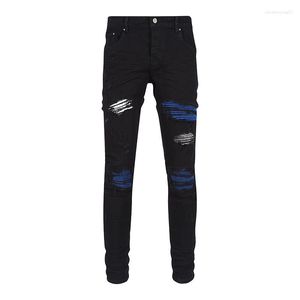 Heren Jeans 2023 Design Arrivals Fashion Black Ripped Sim-Fit Broek Voor Mannen Koningsblauw Doek Vouw Patched man Broek