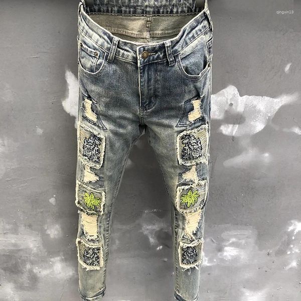 Jeans pour hommes 2023 Broderie Patchwork Mode Hommes High Street Punk Style Slim Fit Élastique Trou Patch Designer Hommes