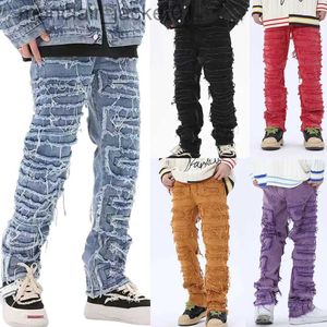 Jeans voor heren 2023 Europese hete stijl gestapelde jeans voor heren High Street-kleding Retro gepatchte gescheurde denim met rechte pijpen Nieuwste broek voor heren J231006
