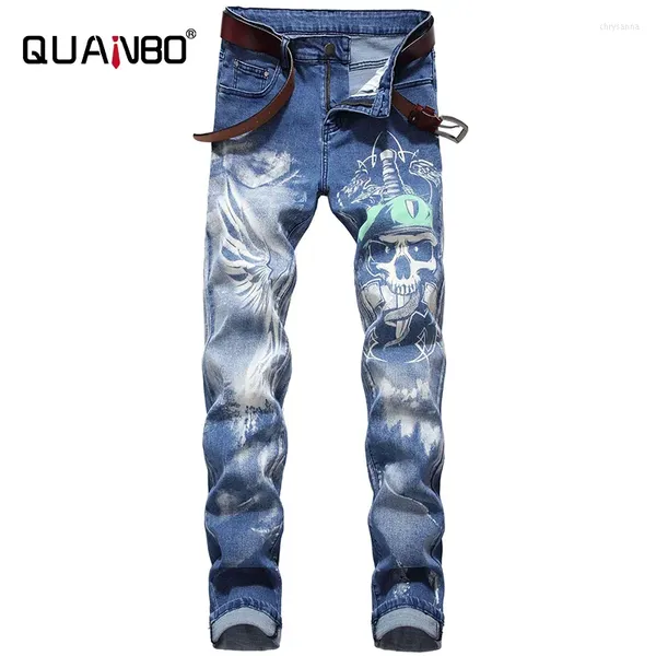 Jeans masculin 2023 mode 3D Pattern Street Letters Imprimé Gothic Man Skinny Black Blue Designer Denim Pantalon plus taille 42