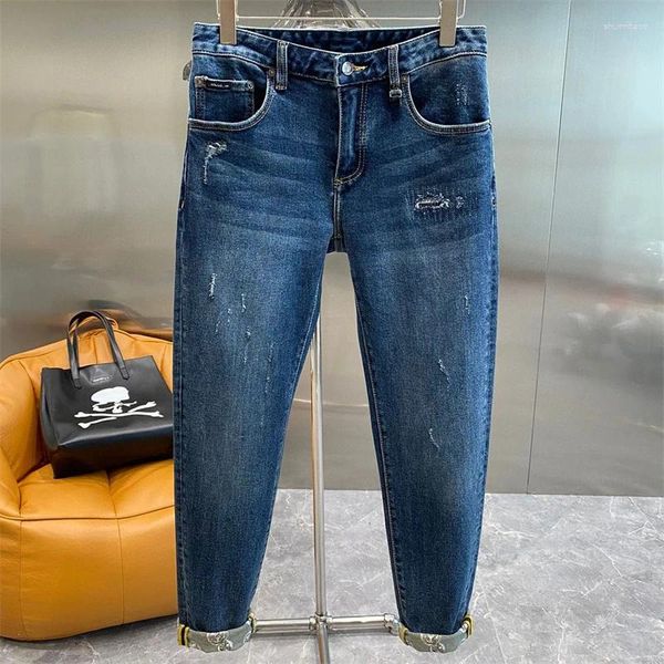 Jeans pour hommes 2023 Mode Hommes Automne Hiver Casual Slim Fit Blue Denim Pantalon Stretch Pantalon Crayon Trou cassé