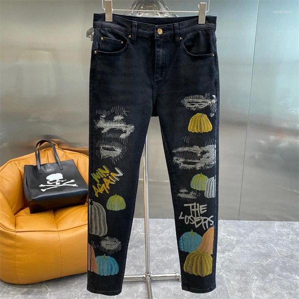 Jeans pour hommes 2023 Mode Hommes Automne Hiver Casual Noir Soft Stretch Crayon Pantalon Citrouille Motif Denim Pantalon
