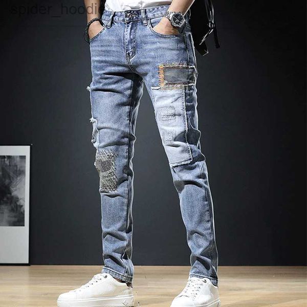 Jeans pour hommes 2023 Mode Hommes Jeans Automne Patch Bleu Clair Tendance Pantalon Lâche Élastique Streetwear Boyfriend Biker Homme Droit Denim Pantalon L230927