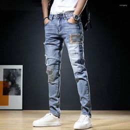 Jeans para hombres 2023 Moda Split Denim Pantalones Slim Fit Straight Barril Rayado