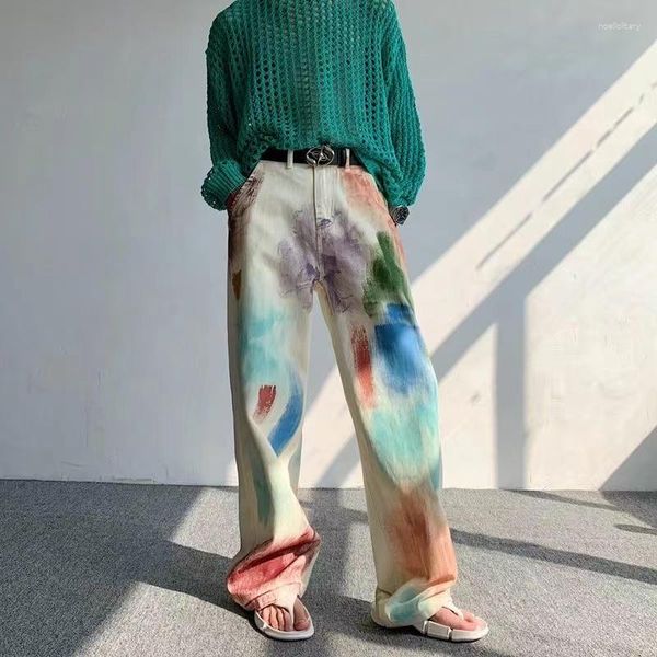 Jeans pour hommes 2023 Graffiti Impression Streetwear Pantalons Décontractés Coloré Peint Droit Lâche Mode Tendance Noir/Beige Pantalon