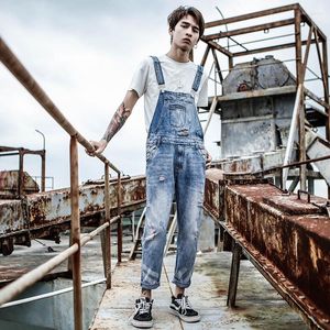 Jeans para hombre 2023 Harajuku Bib Washed Light Blue Slim Hole Nine Pants Tirantes Más tamaño M-XL XXL