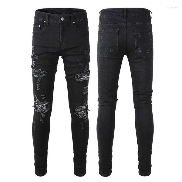 Jeans pour hommes 2023 Haute Qualité Hommes Street Trendy Marque Denim Noir Streetwear Stretch Skinny Y2K Détruit Mendiant Patch Pantalon En Gros