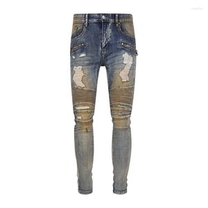 Jeans pour hommes 2023 High Street Fashion Skinny Ripped Zipper Garniture Camouflage Stripes Pantalon Hip Hop Stretch Slim Fit Homme Pantalon