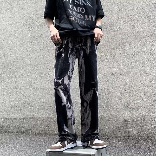 Jeans para hombres 2023 High Street Wash hizo una tendencia vieja y femenina suelta la pierna recta Tie Dye Gradiente Pantalones de papá