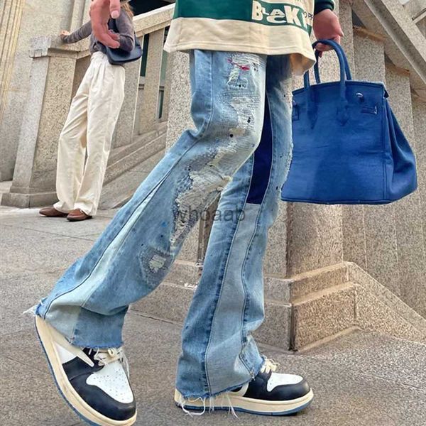 Jeans para hombres 2023 Hole Ripped Straight Baggy Men Flare Jeans Pantalones Patchwork Lavado desgastado Vintage Loose Punk Denim Pantalones YQ231016