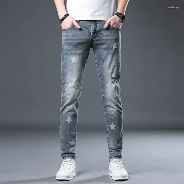 Jeans pour hommes 2023 trous imprimés pantalon slim à la mode pantalon streetwear bleu clair