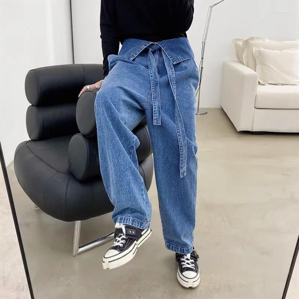 Jeans para hombres 2023 coreano retro personalidad de cintura alta sobre la cintura diseño de la cabeza sensación suelta y delgada pierna recta pantalones de pierna ancha