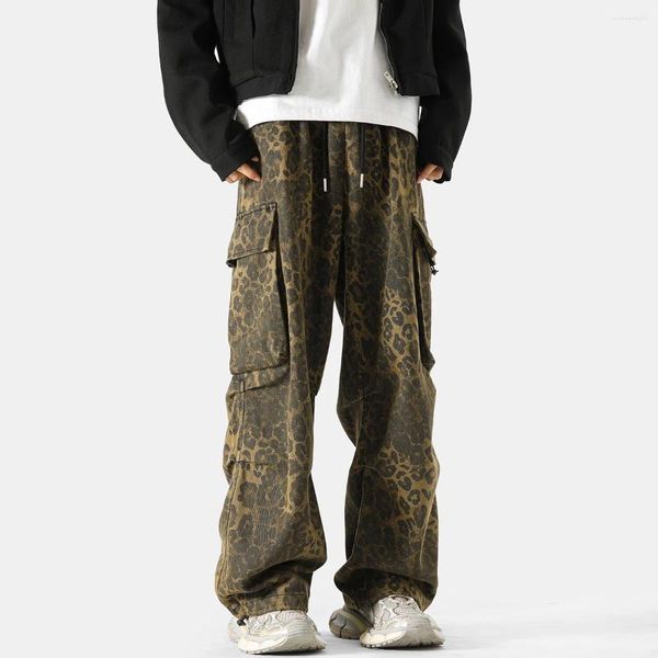 Jeans pour hommes 2023 impression léopard lâche jambe large vêtements de travail pantalons décontractés mode tendance streetwear pantalon de poche cargo m-2xl