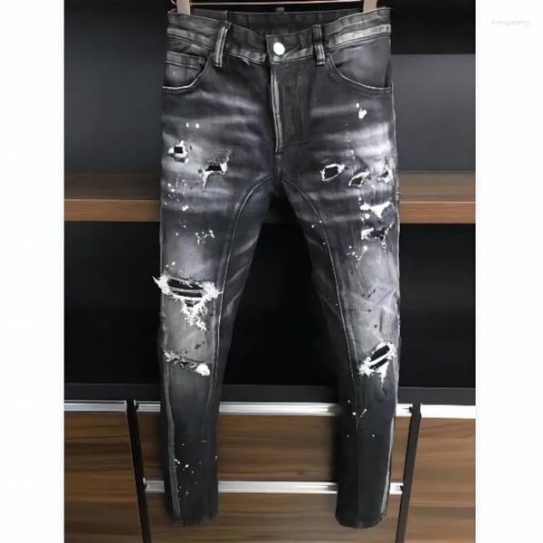 Jeans pour hommes 2023 mode pour hommes haute rue Denim tissu pantalon à la mode décontracté trou peint à la bombe A383