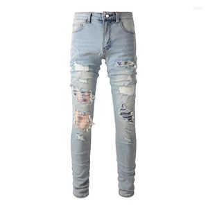 Jeans pour hommes 2023 hommes haute rue déchiré mode hommes Patch mince élastique moulant Leggings couleur claire bleu Denim pantalon