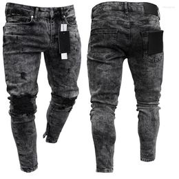 Jeans para hombre 2023, pantalones ajustados con cremallera informales con copos de nieve para hombre, rasgados