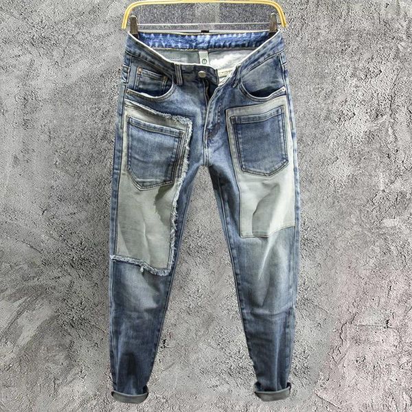 Jeans para hombres 2023 Hombres Pantalones de color contrastante Slim Fit Bolsillos Jean High Street Hip Hop Empalme para pantalones de motocicleta