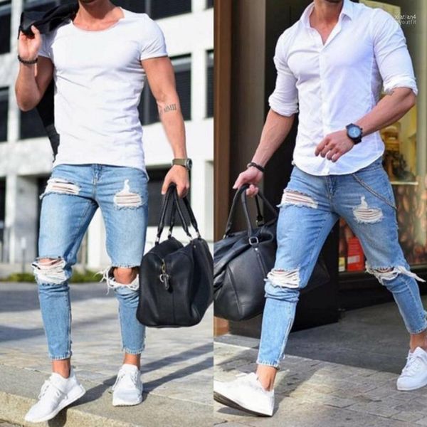 Jeans pour hommes 2023 Hommes Mode Empilé Skinny Ripped Mâle Cool Denim Pantalons Pantalons Hip Hop Rétro Boyfriend Streetwear Bleu Clair