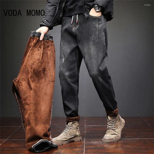 Jeans para hombres 2023 Hombres Moda Invierno Negro Slim Fit Stretch Pantalones de terciopelo grueso Cálido Casual Pantalones de lana Masculino