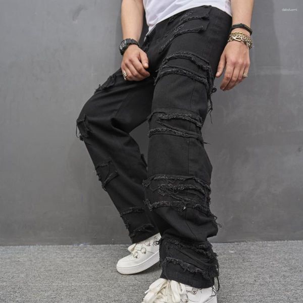 Jeans pour hommes 2023 hommes Hip Hop Streetwear pantalon droit ample mâle élégant déchiré Patch décontracté Denim pantalon