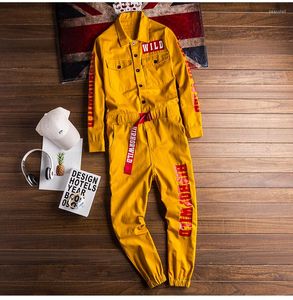 Herenjeans 2023 Heren Letterprint Lange Mouw Geel Jogging Jumpsuit Y2K Jeugd Overalls223c