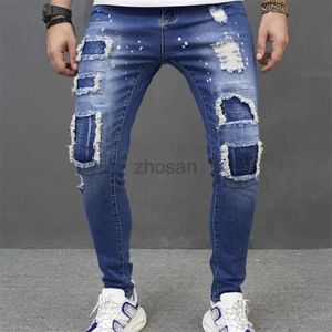 Jeans masculin 2023 hommes élégants pantalons de crayon de patch déchiré de rue élégante
