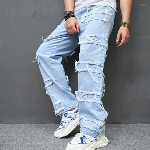 Jeans pour hommes 2023 hommes élégant Hip Hop déchiré Patch droit pantalon ample Streetwear mâle solide décontracté Denim pantalon