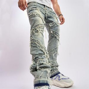 Jeans para hombres 2023 hombres con estilo vintage parche rasgado pantalones rectos sueltos streetwear masculino sólido casual pantalones de mezclilla