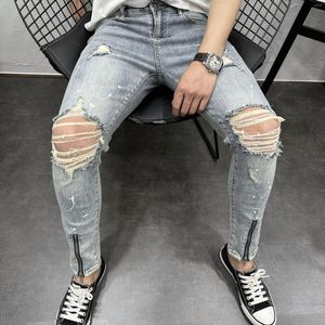 Jeans pour hommes 2023 hommes tendance mince marque de mode fermeture éclair décoration personnalité pantalon maigre déchiré pour empilé