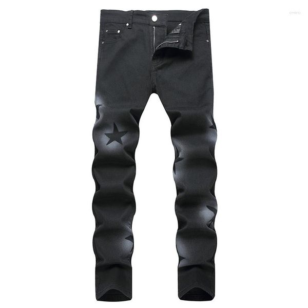 Hommes Jeans 2023 Hommes Mode Noir Peint À La Main Pistolet Pulvérisation Pentagramme Mince Droite Mâle Denim Pantalon Hip Hop Jean Homme