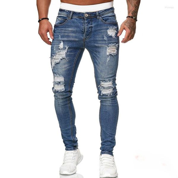 Jeans pour hommes 2023 hommes Sexy perforé élastique couleur unie serré coupe ajustée pantalon mode coupe ajustée en plein air cyclisme Sports