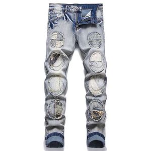 Jeans masculin 2023 Nouvelle mode hommes patch biker jeans Strtwear hip hop rapped Patchwork stretwork pantal pantalon slim skinny pantalon t240507