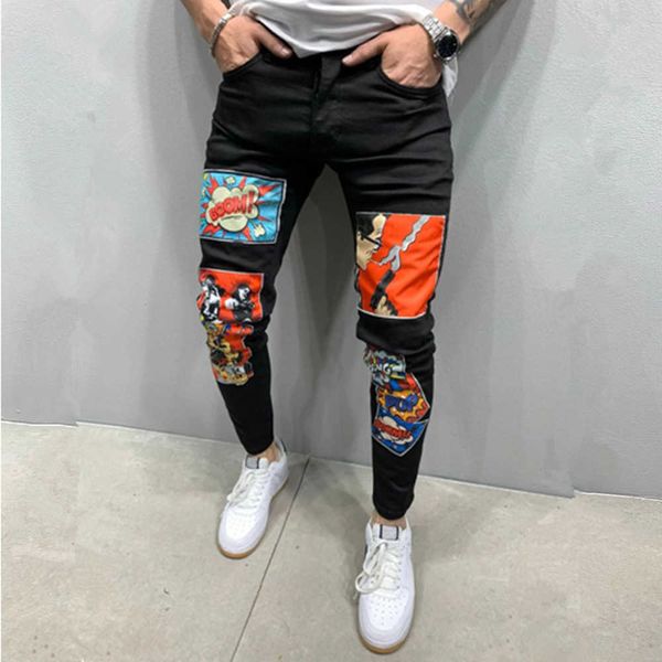 Jeans pour hommes 2023 Nouvelle mode hommes Jeans Stretch Skinny Patchwork dessins animés imprimé noir Jean hommes Streetwear Denim Punk pantalon Vaqueros Hombre J230926