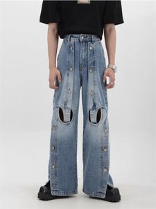 Jeans pour hommes 2023 Niche Déconstruction Bouton en métal Design Jambe large Lourd Creux Pantalon droit ample