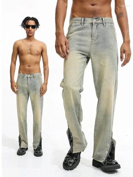 Jeans pour hommes 2023 Produit Y2K American Yellow Mud Side Zipper Slit Design Droit pour hommes et femmes