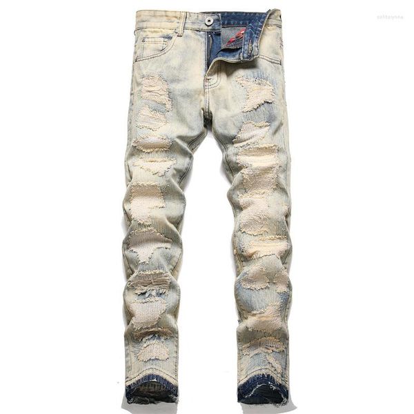 Jeans pour hommes 2023 déchiré Patch rétro Slim jambe droite mendiant pantalon rue mode moto pantalon