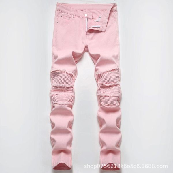 Jeans pour hommes 2023 déchiré rose Patchwork printemps et été décontracté haute rue droite déchargement pantalon