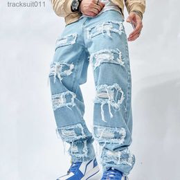Jeans pour hommes 2023 Simple élégant hommes déchiré Patch Hip Hop lâche jean pantalon Streetwear droit Denim pantalon L230926